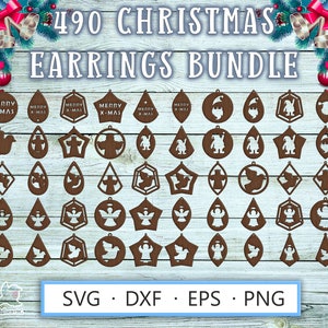 Laser cut earrings template SVG DXF for Cricut, Glowforge, Silhouette – 490 wood craft Christmas designs featuring Santa Claus, gnomes, doves, angels, and festive Merry X-Mas lettering for plywood jewelry