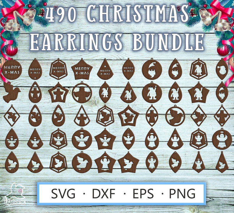 Laser cut earrings template SVG DXF for Cricut, Glowforge, Silhouette – 490 wood craft Christmas designs featuring Santa Claus, gnomes, doves, angels, and festive Merry X-Mas lettering for plywood jewelry