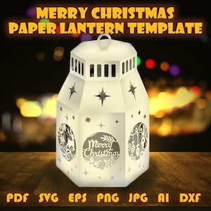 Big Seven-sided Christmas lantern Template, paper cut diy candle papercraft, Merry x-mas tree deers snowflakes template cricut svg eps dxf