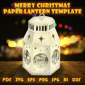 Modello per lanterna natalizia a sette lati, modello fai da te per candele ritagliate con carta, modello per albero di Natale con cervi e fiocchi di neve, modello per cricut in formato svg eps dxf