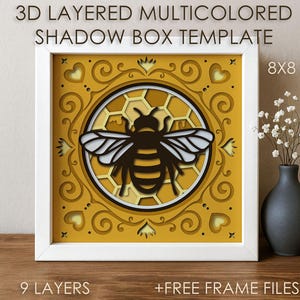 Modello SVG per scatola ombreggiata ape 3D, scatola ombreggiata in carta tagliata colorata a nido d'ape cricut SVG, strati 3D carta tagliata a nido d'ape cartoncino cartaceo cartoncino DXF