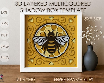 3D Bee Shadow box SVG Template, Honeycomb Colored Papercut Shadow box cricut SVG, 3D layers Honey Paper cut Card Papercraft Cardstock DXF