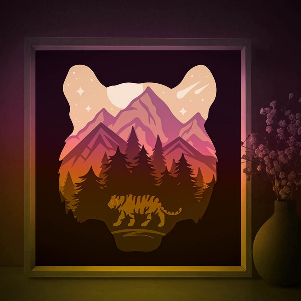 Wild Animal Shadow box SVG Template, Bear Tiger Papercut Lightbox cricut SVG, Montains Forest 3D layered Paper cut Light box DXF Papercraft Wild Animal Shadow box SVG Template, Bear Tiger Papercut Lightbox cricut SVG, Montains Forest 3D layered Paper cut Light box DXF Papercraft