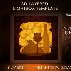 Natureza morta de vinho Caixa de sombra SVG Template, Uvas para vinho Papercut Lightbox cricut SVG, Camadas 3D Folhas de uva Papel cortado Caixa de luz DXF Papercraft