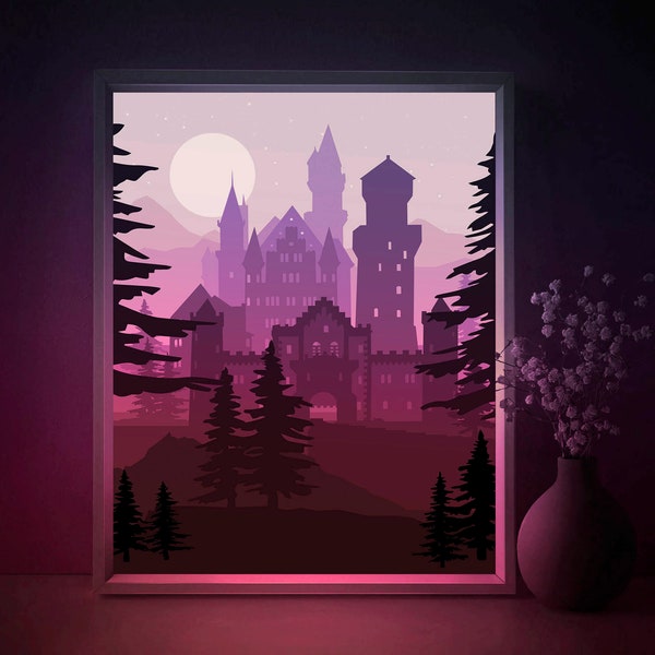 Forêt château Shadowbox modèle SVG, montagnes Nature Papercut Lightbox cricut SVG, 3D en couches papier découpé Lightbox DXF Papercraft