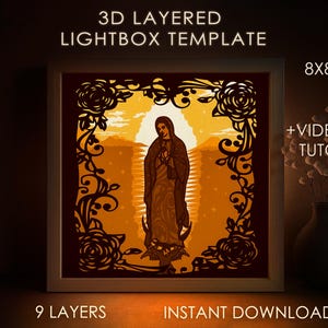 Modèle SVG de boîte d'ombre de la Vierge Marie, Dame de Guadalupe Papercut Lightbox cricut SVG, 3D en couches papier découpé Lightbox DXF Papercraft
