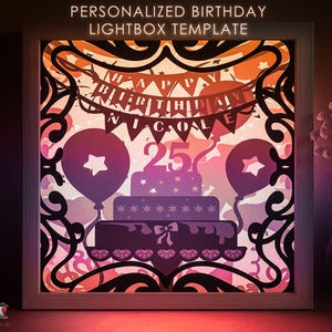 Modello SVG per scatola luminosa di compleanno personalizzata, nome personalizzato per cartello, età, torta per feste, scatola luminosa in carta ritagliata, Cricut SVG, scatola luminosa in carta ritagliata a strati 3D