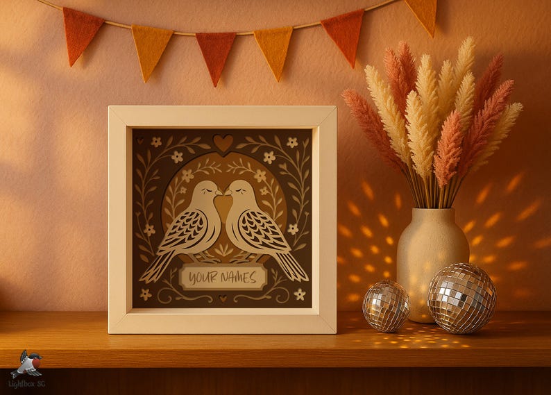 3D Love Birds Shadow Box SVG Template, Wedding Customizable Papercut ...