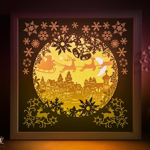 Merry Chistmas Shadow box Szablon, Święty Mikołaj jelenie Papercut Lightbox Cricut SVG, warstwa 3D Zimowe miasto Papercut Lightbox DXF Papercraft