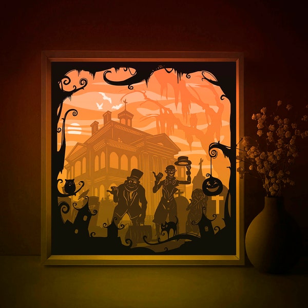 Halloween ghosts Shadow box SVG Template, Haunted House Papercut Lightbox cricut SVG, 3D layered Paper cut Light box DXF Papercraft Halloween ghosts Shadow box SVG Template, Haunted House Papercut Lightbox cricut SVG, 3D layered Paper cut Light box DXF Papercraft