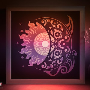 Mond und Sonne Schatten Box SVG-Vorlage, Sterne Muster Papierschnitt Lightbox Cricut SVG, 3D-Schicht Papierschnitt Lightbox DXF Papercraft