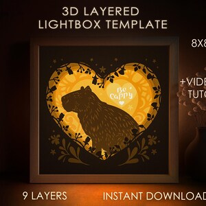 Modello SVG per scatola ombra di capibara, Lightbox di carta ritagliata per animali Cricut SVG, Modello di fiori a forma di cuore a strati 3D Lightbox di carta ritagliata DXF Papercraft