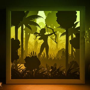 Elf Archer girl Shadow box SVG Template, Fantasy Forest Papercut Lightbox cricut SVG, 3D layered Fairytale Paper cut Light box Papercraft