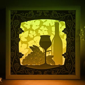 Bodegón de vino, caja de sombras, plantilla SVG, uvas de vino, caja de luz cortada en papel, cricut SVG, capas 3D, hojas de uva, caja de luz cortada en papel, DXF, papercraft