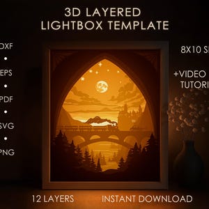 Modello SVG per scatola ombra treno notturno, Lightbox cartaceo tagliato a strati montagna foresta natura cricut SVG, Lightbox cartaceo tagliato a strati 3D DXF Papercraft