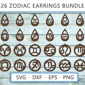 26 Sternzeichen Ohrringe SVG Bundle, Png DXF eps Laser geschnitten Ohrringe glowforge cricut astrologisches Horoskop tropfen rund Schmuck Vorlage