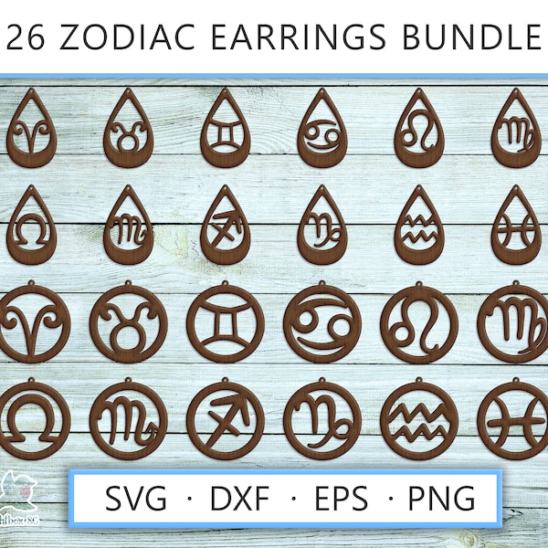 26 Zodiac signs earrings SVG bundle, Png DXF eps laser cut earrings glowforge cricut Astrological Horoscope tear drop round jewelry template