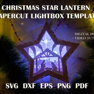 Plantilla SVG de caja de luz de estrella de noche santa, caja de luz de papel recortado con juguete de árbol de Navidad, caja de luz de papel recortado con capas 3D, DXF de caja de luz con linterna