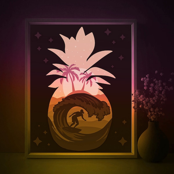 Wave Surfing Shadow box SVG Template, Summer Palms Papercut Lightbox cricut SVG, 3D layered Pineapple Paper cut Light box DXF Papercraft