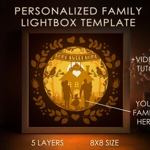Personalized Family Portrait Shadow box SVG Template, Home Sweet Home Papercut Lightbox cricut SVG, 3D layer Paper cut Light box Papercraft
