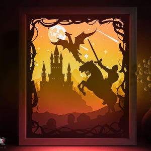 Drachen Ritter Märchen Schattenbox SVG-Vorlage, Fantasy Mittelalter Silhouette Papierschnitt Lightbox Cricut SVG, 3D-Schichtung Papierschnitt Lightbox