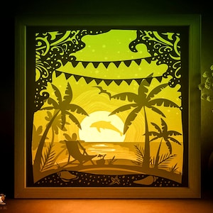 Tropical sea Beach Shadow box SVG Template, Palm trees Papercut Lightbox cricut SVG, 3D layered Paper cut Light box DXF Papercraft