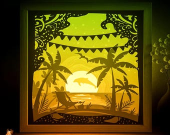 Tropical sea Beach Shadow box SVG Template, Palm trees Papercut Lightbox cricut SVG, 3D layered Paper cut Light box DXF Papercraft