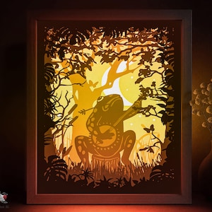 Music Frog Shadow box SVG Template, Bonjo Papercut Lightbox cricut SVG, 3D layered Paper cut Light box DXF Papercraft