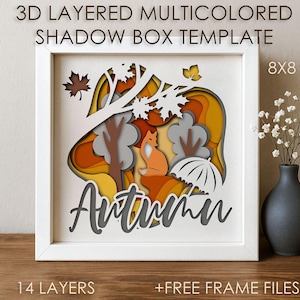 Plantilla SVG de caja de sombra de zorro otoñal, caja de sombra de papel recortado con colores de otoño, Cricut SVG, caja de cartón recortada con capas 3D, papel, artesanía, cartulina, DXF