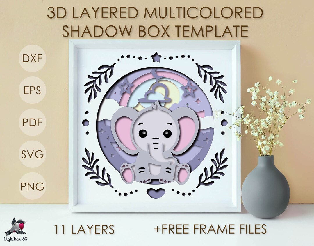 Baby Elephant Shadow Box SVG Template, Night Dream Colored Papercut