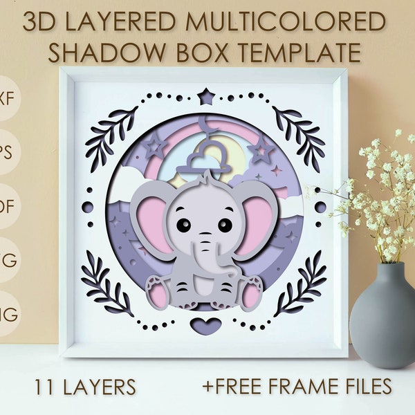 Baby Elephant Shadow box SVG Template, Night Dream Colored Papercut Shadow box cricut SVG, 3D layered Paper cut Card box Cute Animal DXF
