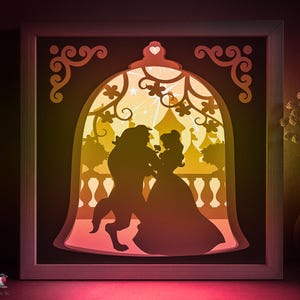 La bella e la bestia Shadow box SVG Template, Love Fairytale Papercut Lightbox Cricut SVG, 3D layered Papercut Light box DXF Papercraft