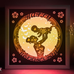 Modello SVG per scatola ombra per la festa della mamma, mamma e bambino Papercut Lightbox Cricut SVG, fiori a strati 3D Papercut Lightbox DXF Papercraft