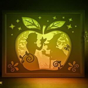 Plantilla SVG de caja de sombra de Blancanieves, caja de luz de papel cortado de princesa de cuento de hadas Cricut SVG, caja de luz de papel cortado en capas 3D DXF 8x10 Papercraft