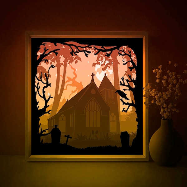 Halloween Shadow box SVG Template, Gothic church graveyard Papercut Lightbox cricut SVG 3D layered Spooky Paper cut Light box DXF Papercraft Halloween Shadow box SVG Template, Gothic church graveyard Papercut Lightbox cricut SVG 3D layered Spooky Paper cut Light box DXF Papercraft