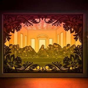 Last Supper Shadow box SVG Template, Da Vinci Papercut Lightbox cricut SVG, 3D layered Famous Art Paper cut Light box DXF Papercraft