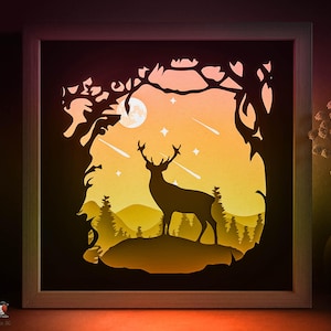 Wald Hirsch Schattenbox SVG-Vorlage, Berge Natur Papierschnitt Lightbox Cricut SVG, 3D-Schichtung Papierschnitt Lightbox DXF Papercraft