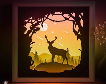 Plantilla SVG de caja de sombra de ciervo del bosque, caja de luz de corte de papel de naturaleza de montañas, caja de luz de corte de papel en capas 3D DXF Papercraft