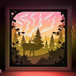 Forest Elk Shadow box SVG Template, Northern Nature Papercut Lightbox cricut SVG, luzes polares em camadas 3D Paper cut Light box Papercraft