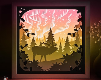 Plantilla SVG de caja de sombra de alce del bosque, caja de luz cortada en papel de naturaleza del norte, caja de luz cortada en papel de cricut SVG, luces polares en capas 3D, caja de luz cortada en papel, Papercraft