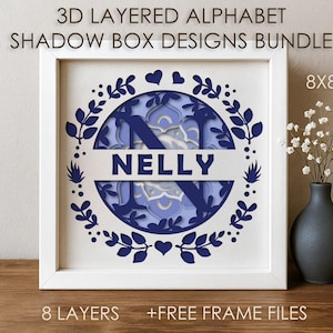 Paquete de plantillas SVG de caja de sombra con monograma 3D A-Z, alfabeto de colores cortado en papel Cricut SVG, caja de cartón cortada en papel con mandala en capas 3D, cartulina DXF