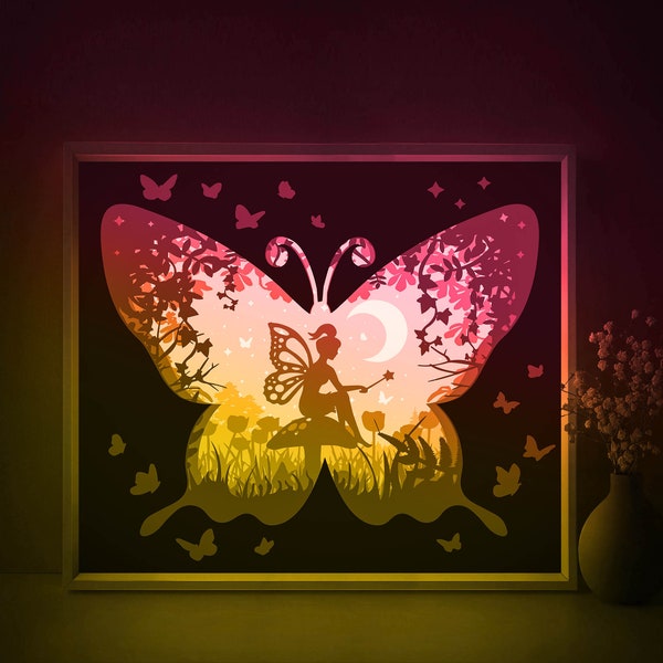 Modèle SVG fée ombre boîte, papillon conte de fées Papercut Lightbox cricut SVG, 3D en couches papier découpé boîte lumineuse DXF Papercraft