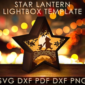 Plantilla SVG de caja de sombras de linterna de estrella de Winnie, caja de luz de papel recortada de oso de cuento de hadas Cricut SVG, caja de luz de papel recortada en capas 3D Papercraft DXF