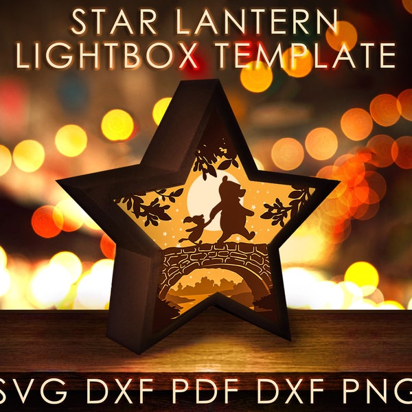 Winnie Star Lantern Shadow box SVG Template, Fairytale Bear Papercut Lightbox cricut SVG, 3D layered Paper cut Light box Papercraft DXF