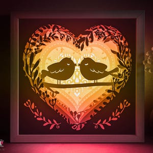 Love Birds Shadow box modèle SVG, coeur fleur Papercut Lightbox cricut SVG, 3D mandala en couches papier découpé Lightbox DXF Papercraft