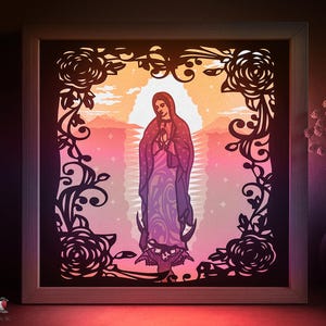 Modèle SVG de boîte d'ombre de la Vierge Marie, Dame de Guadalupe Papercut Lightbox cricut SVG, 3D en couches papier découpé Lightbox DXF Papercraft