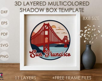 San Francisco Shadow box SVG Template, Golden Gate Colored Papercut Shadow box cricut SVG, 3D layered Paper cut Papercraft Cardstock DXF