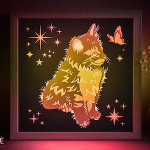 Modèle SVG chaton avec boîte ombre papillon, petit chat Papercut Lightbox cricut SVG, papier animal en couches découpé boîte lumineuse DXF Papercraft