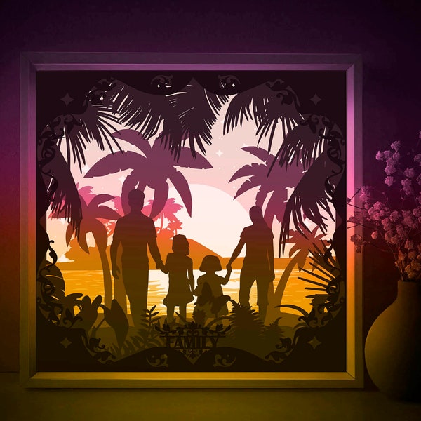 Family Portrait Shadow box SVG Template, Palm Beach Papercut Lightbox cricut SVG, 3D layered Bon Voyage Paper cut Light box DXF Papercraft