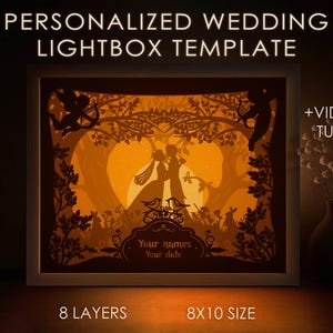 パーソナライズされたウェディングギフトラブシャドーボックスSVGテンプレート、カスタムウェディングサイン日付ペーパーカットライトボックスクリカットSVG 3Dレイヤーライトボックスペーパークラフト